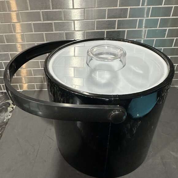 Vtg Mid Century MCM Ice Bucket Black Vinyl Clear Lucite Lid Barware Shelton Ware - Picture 2 of 14